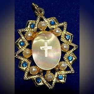 Vintage Mother of Pearl Cross Pendant Blue Stones and Pearls